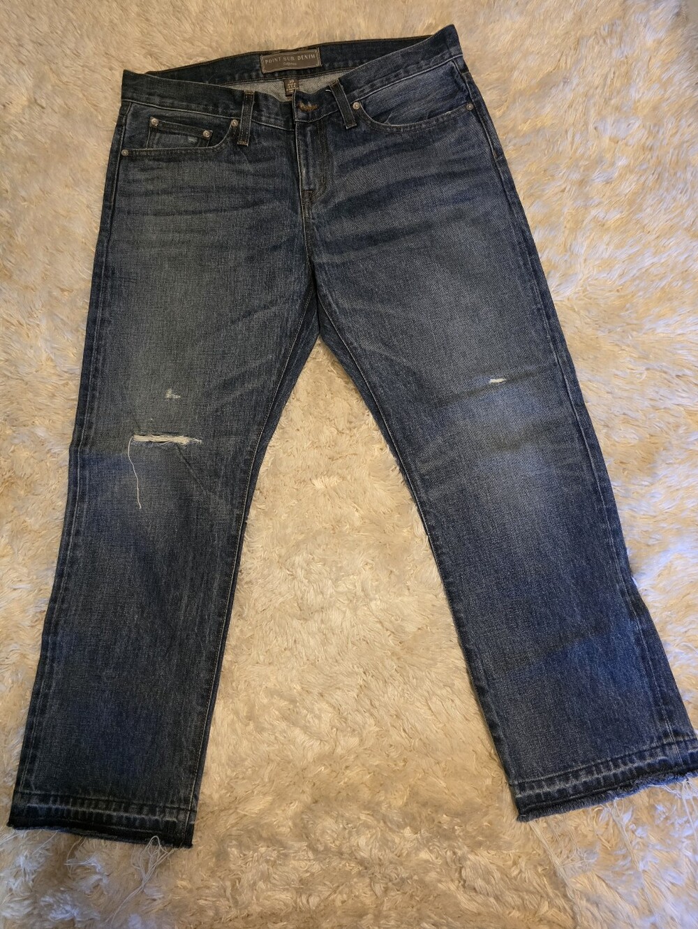 Pointe Sur Denim Women's Dark Wash Distressed Straight Crop Jeans Sz. 30x25 1/2